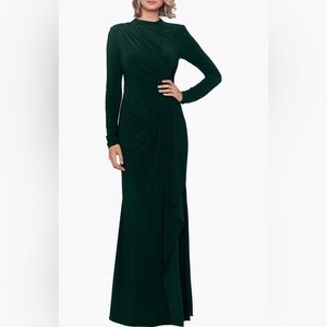 Betsy & Adam | Ruffle Long Sleeve Sheath Gown | Forest Green | 14
